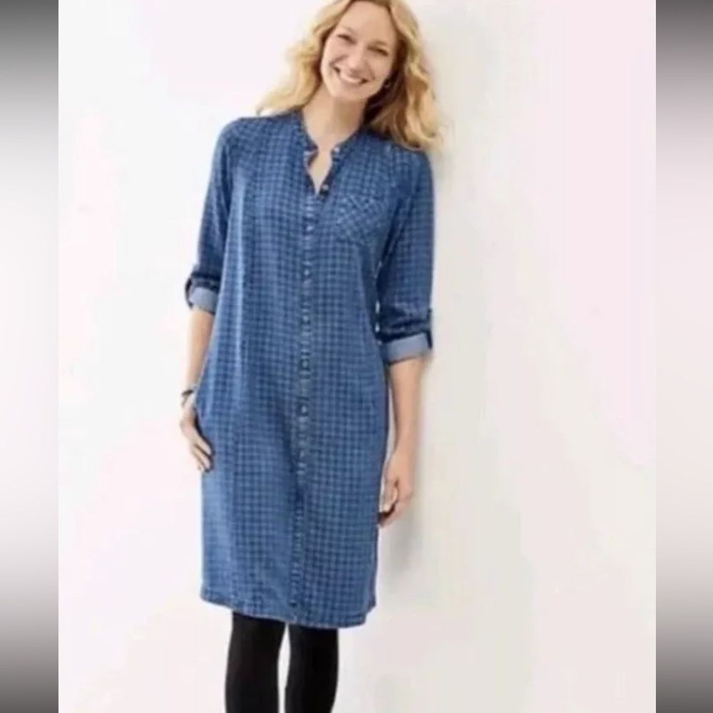 J Jill Denim Gingham Plaid Chambray Button Front Shirt Dress Size M